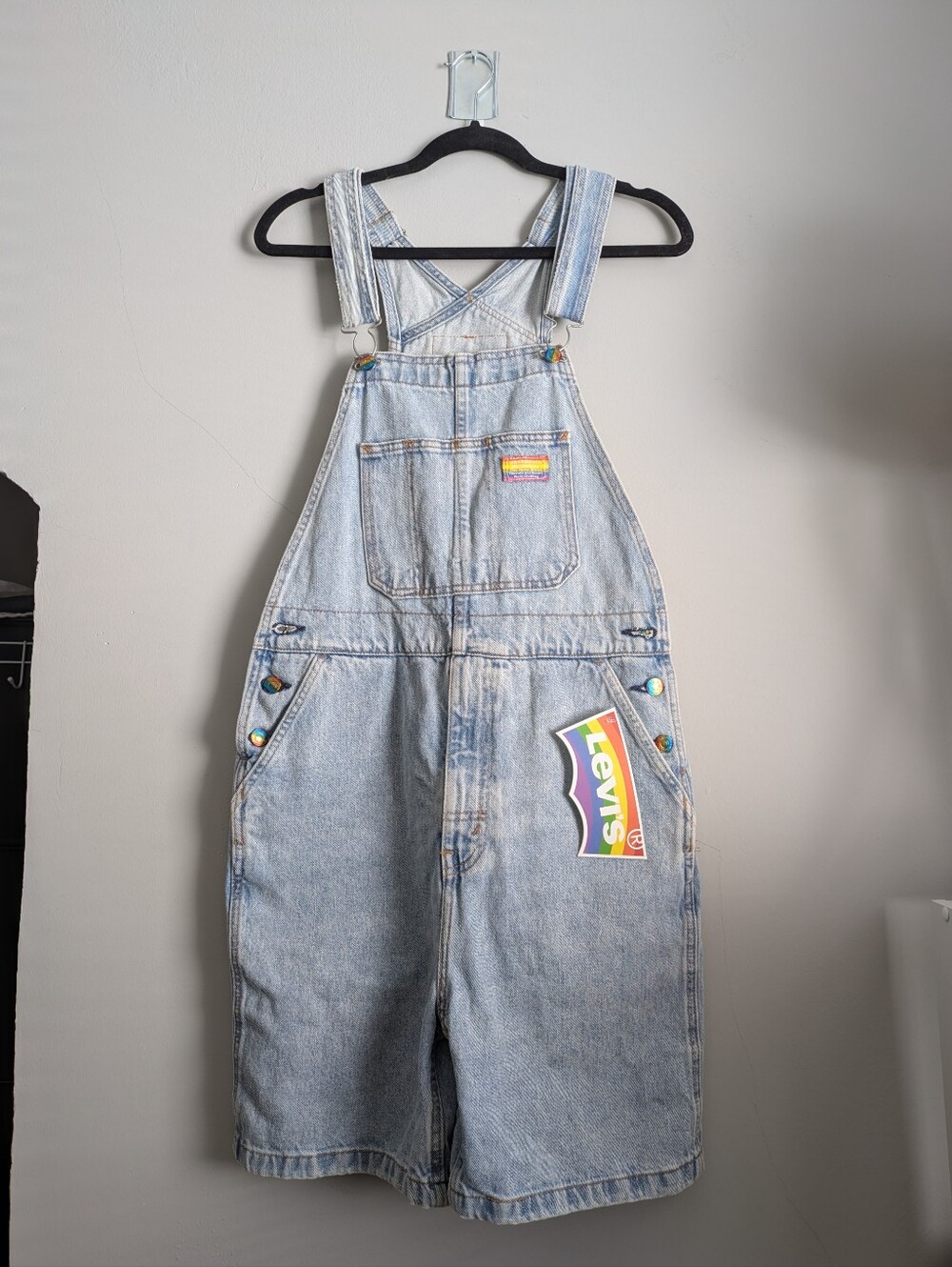 NWT Levi's Light Wash Denim Pride Overalls with Rainbow Patch
